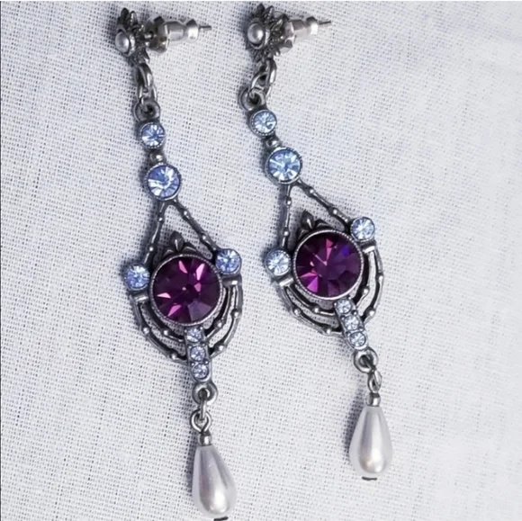 Purple Blue and Pearl Drop Dangle Earrings - Picture 5 of 5